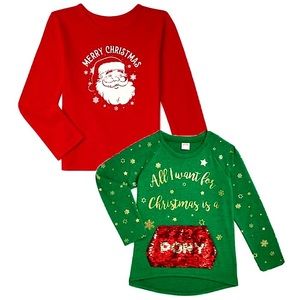 Kids Girls XS 4/5 Holiday Santa Top & Sequin Flip Christmas Sweater Bundle Set